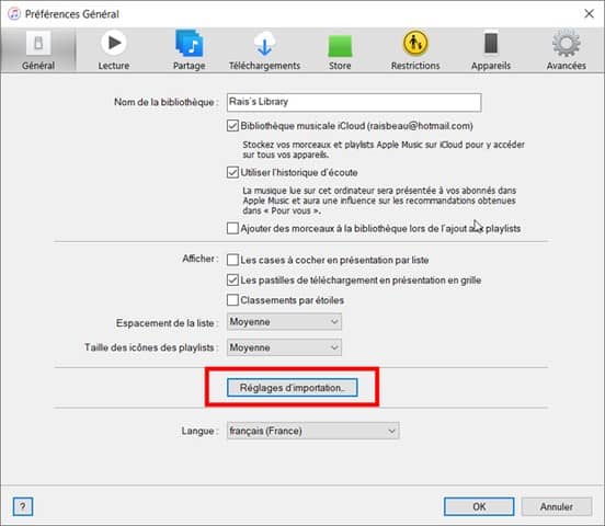 Modifier les réglages d’importation