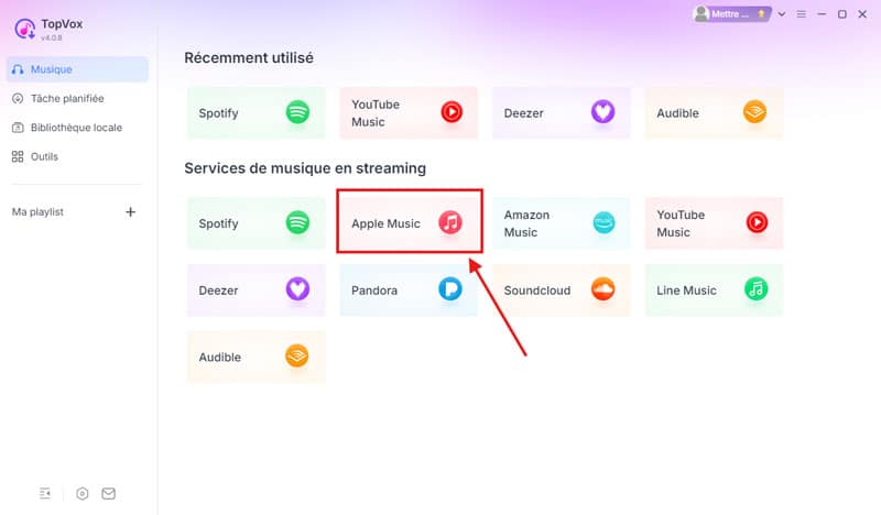 Choisir Apple Music comme plateforme dans TopVox All Music Converter