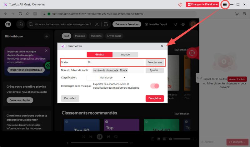 Définir les paramètres de sortie