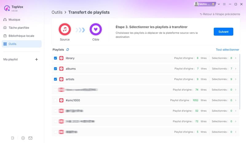 Choisir les playlists à transférer