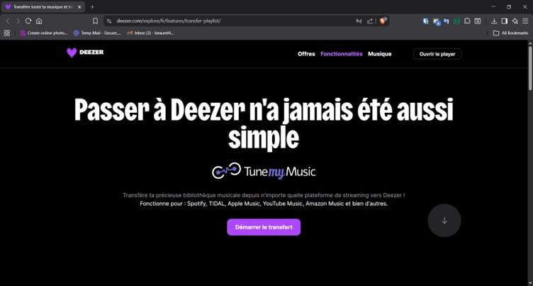 Accéder à la page de transfert Deezer