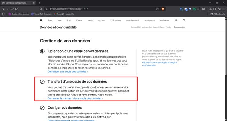 Accéder à la page Confidentialité Apple