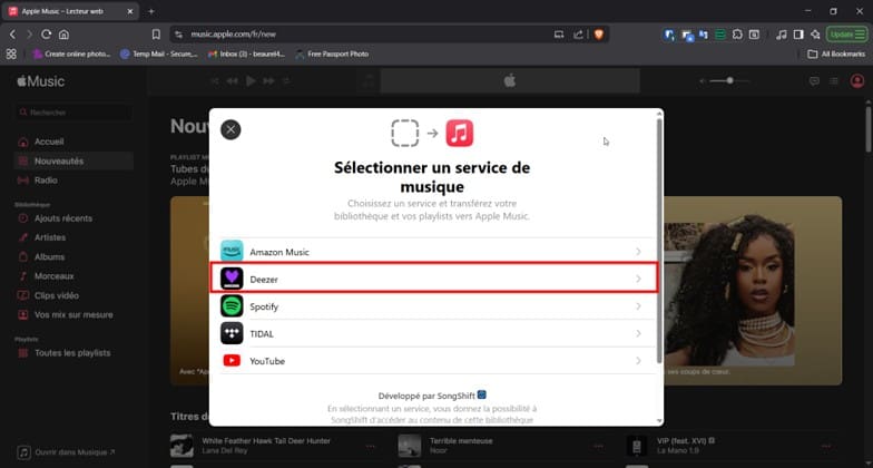Choisir Deezer comme service source