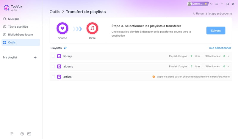 Choisir la source et la destination