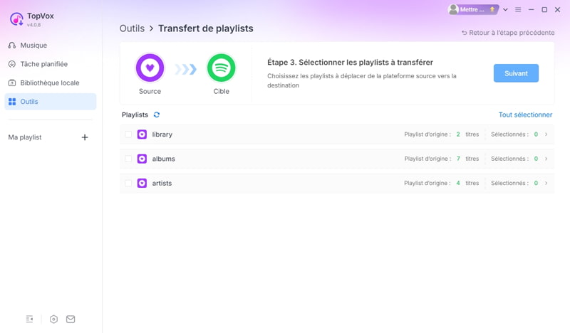 Choisir la source et la destination