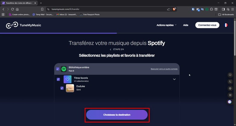 Choisir Amazon Music comme destination