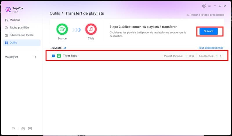 Choisir la plateforme source et la plateforme cible