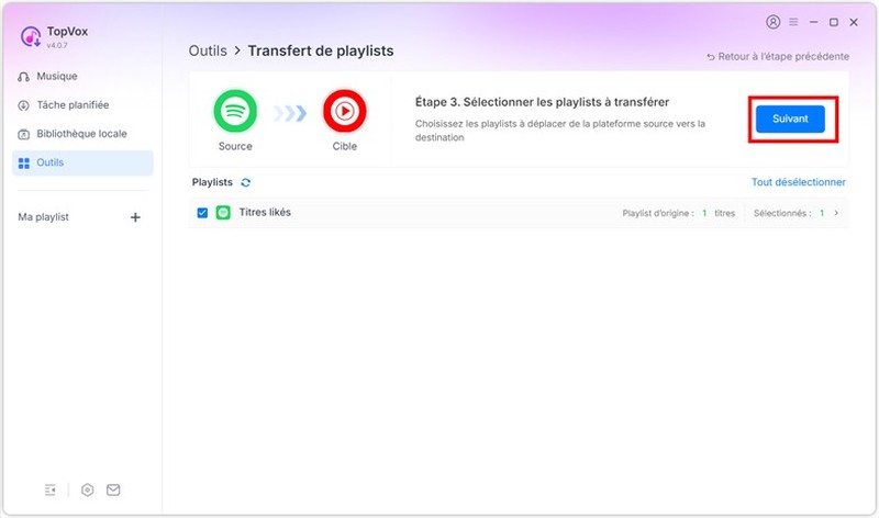 Cocher les playlists à transférer