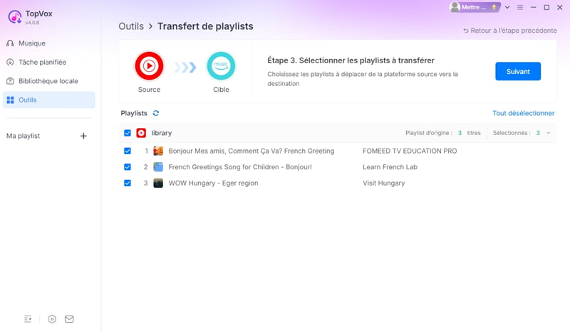 Sélectionner la playlist à transférer